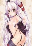  1girl :o absurdres amatsukaze_(kantai_collection) ass bangs bare_shoulders black_panties blush breasts brown_eyes choker dress eyebrows_visible_through_hair garter_straps gloves hair_between_eyes hair_ornament hair_tubes hat highres kantai_collection lifebuoy long_hair long_sleeves looking_at_viewer mini_hat navel nipples obiwan open_mouth panties red_legwear sailor_dress short_dress sidelocks silver_hair single_glove small_breasts smokestack_hair_ornament solo striped two_side_up underwear very_long_hair windsock 