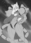  alanscampos anthro armor clothed clothing domestic_cat felid feline felis female fur greyscale hair mammal metroid monochrome nintendo samus_aran smile solo video_games 