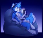  2017 anthro applepup blue_body blue_fur bodily_fluids canid canine canis chest_tuft diaper fur genital_fluids green_eyes headphones male mammal navel phone sitting solo tuft urine wet_diaper wetting white_body white_fur wolf young 