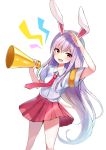  1girl absurdres animal_ears arm_up armband blouse blush bunny_ears cheering eyebrows_visible_through_hair highres holding_megaphone lavender_hair long_hair looking_at_viewer megaphone necktie open_mouth pleated_skirt purple_hair red_eyes red_neckwear red_skirt reisen_udongein_inaba satori_(pixiv) school_uniform short_sleeves skirt smile solo touhou very_long_hair white_background white_blouse wing_collar 
