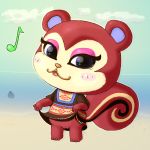  animal_crossing anthro beach blush bottomwear chibi clothed clothing clothing_lift colored dress female genitals looking_at_viewer makeup mammal musical_note nintendo no_underwear outside pecan_(animal_crossing) pussy rodent sciurid seaside simski skirt skirt_lift solo video_games 