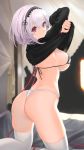  1girl :3 ass azur_lane bangs black_shirt breasts commentary_request covered_nipples eyebrows_visible_through_hair from_behind hair_between_eyes highres lace-trimmed_hairband large_breasts long_sleeves looking_at_viewer looking_back nanam_(nanam_sk) panties red_eyes red_ribbon ribbon shirt short_hair sirius_(azur_lane) smile solo thighhighs thighs underwear undressing white_hair white_legwear white_panties 
