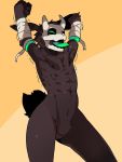  abs anthro arm_wraps athletic athletic_male black_body black_fur black_sclera cheek_tuft chest_tuft crotch_tuft demon detachable detachable_limbs detached_arm ears_back facial_tuft fur ghost_(mawarisaka3) green_eyes hand_behind_head head_tuft horn kemono lagomorph leporid male mammal mask mawarisaka3 naturally_censored nipples open_mouth pecs pivoted_ears pose rabbit raised_arm simple_background skull_mask solo standing stretching tongue tongue_out tuft wide_hips wraps yawn yellow_background 