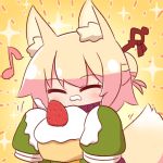  1girl ^_^ animal_ear_fluff animal_ears bangs blonde_hair blush brown_collar closed_eyes commentary eating eighth_note eyebrows_visible_through_hair facing_viewer food food_on_clothes food_on_face food_on_hair fox_ears fox_girl fox_tail green_shirt hair_bun hair_ornament holding holding_food kemomimi-chan_(naga_u) long_hair long_sleeves musical_note naga_u original shirt sidelocks sleeves_past_fingers sleeves_past_wrists solo sparkle tail upper_body 