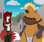  anthro big_breasts blonde_hair breasts canid canine cleavage clothed clothing dipstick_tail domestic_cat duo equid equine felid feline felis fox fur green_eyes hair horse hybrid linda_wright loincloth mammal melee_weapon multicolored_tail navel orange_body orange_fur panties red_body red_fur red_hair size_difference sword terdburgler underwear weapon 