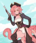  1boy breasts bulge closed_mouth corset covered_nipples cucco_king gloves gun hand_on_hip hat leotard looking_at_viewer monster_girl original otoko_no_ko pirate pirate_costume pirate_hat scylla short_hair sky small_breasts smile solo tentacle_hair tentacles thighhighs watermark weapon white_leotard yellow_eyes youkai 