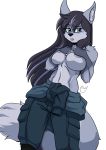  2020 alpha_channel anthro black_nose blue_body blue_fur blue_hair breasts canid canine canis clothed clothing covering covering_breasts covering_self female fur green_eyes hair holly_(lammynatrix) mammal navel nipples solo topless wolf yawg 