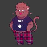  &lt;3 2020 anthro belly blush bottomwear bulge clothing domestic_cat felid feline felis male mammal overweight overweight_male pants pubes shirt shyybuchi simple_background solo tongue tongue_out topwear 