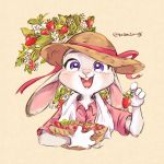  2019 anthro clothed clothing disney ears_down food fruit fur gloves grey_body grey_fur handwear holding_food holding_object judy_hopps kabe2mugi lagomorph leporid looking_at_viewer mammal open_mouth open_smile pivoted_ears plant purple_eyes rabbit simple_background smile solo strawberry tan_background zootopia 