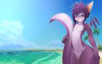  anthro beach blue_eyes canid canine canis cloud detailed_background domestic_dog featureless_crotch fur hair looking_at_viewer mammal navel nude outside palm_tree pink_nose purple_body purple_fur purple_hair rudragon sand seaside sky smile solo tree water 