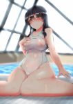  black_hair breasts competition_swimsuit covered_nipples embarrassed hair_ornament highres indoors kantai_collection long_hair looking_at_viewer nipples one-piece_swimsuit oyashio_(kantai_collection) poolside rei_no_pool sekino_takehiro swimsuit white_swimsuit yellow_eyes 