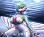  2020 bed big_breasts breasts clothed clothing demalyxdragon female furniture gardevoir genitals humanoid looking_at_viewer mammal nintendo not_furry on_bed open_mouth pok&eacute;mon pok&eacute;mon_(species) pussy red_eyes sitting solo thick_thighs video_games wide_hips 