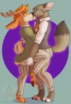  2020 anthro antlers butt canid canine canis cervid clothed clothing digital_media_(artwork) duo eyes_closed fur grope groping_butt grumpy_griffin_creations hair hand_on_butt horn kissing male male/male mammal simple_background standing wolf 