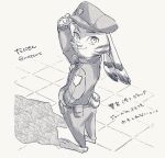  2018 anthro clothed clothing disney ear_markings facial_markings fully_clothed hat head_markings headgear headwear high-angle_view jack_savage japanese_text kabe2mugi lagomorph leporid looking_back mammal markings police_uniform rabbit smile solo standing text uniform zootopia 