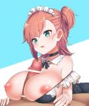  1boy 1girl aqua_background areolae bangs blush breasts breasts_outside eyebrows_visible_through_hair green_eyes huge_breasts konnyaku_(kk-monmon) long_hair maid nipples one_side_up open_mouth orange_hair original paizuri paizuri_on_lap two-tone_background white_background 