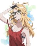  1girl ahoge alternate_costume alternate_hairstyle bandages bespectacled black-framed_eyewear black_bra black_gloves blonde_hair bra breasts cleavage fate/grand_order fate_(series) glasses gloves green_eyes hand_in_hair highres long_hair medium_breasts messy_hair mordred_(fate) mordred_(fate)_(all) mouth_hold red_tank_top sketch solo tank_top tonee underwear 