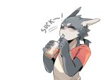  anthro beverage bubble_tea cheek_tuft clothed clothing dipstick_ears drinking eyes_closed facial_tuft fully_clothed fur grey_body grey_fur hair half-length_portrait holding_cup holding_object inner_ear_fluff kemono lagomorph leporid male mammal mawarisaka3 mawarisaka_(character) multicolored_ears onomatopoeia ponytail portrait rabbit shirt short_ponytail simple_background solo sound_effects standing t-shirt text topwear tuft white_background white_body white_fur 