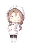  1girl animal_ears bangs bear_ears bear_hair_ornament bear_hood black_camisole black_shorts blush brown_hair chibi closed_mouth commentary fake_animal_ears full_body hair_between_eyes hair_ornament highres holding holding_pillow hood hoodie long_hair low_twintails mochizuki_shiina no_shoes original pillow short_shorts shorts simple_background smile solid_oval_eyes solo standing striped striped_legwear symbol_commentary thighhighs twintails white_background white_hoodie 