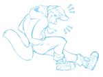  2020 anthro biped blue_and_white bottomwear canid canine canis clothed clothing crouching digital_drawing_(artwork) digital_media_(artwork) domestic_dog eyebrows fluffy fluffy_tail footwear fur half-closed_eyes hand_in_pocket hands_in_pocket head_tuft hoodie laces line_art looking_away looking_back male mammal monochrome narrowed_eyes neck_tuft open_mouth pants pockets redrusker shoes side_view simple_background sketch solo sunny_(dexi) surprise teeth topwear tuft white_background 