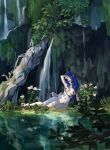  2_toes anthro blue_body blue_fur blue_hair breasts camel camelid didihell female flower forest fur hair hand_behind_head leaf mammal nipple_chain nipple_piercing nipples nude outside piercing plant reflection solo toes tree vines water waterfall white_body white_fur 