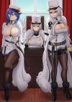  3girls absurdres aiguillette azur_lane bangs belt black_belt black_gloves blue_eyes blue_hair blush boots breasts chair chapayev_(azur_lane) cleavage cleavage_cutout closed_mouth desk dress english_commentary fingerless_gloves fur gangut_(azur_lane) gloves grin hair_between_eyes hair_ornament hairclip hat high_heel_boots high_heels highres indoors large_breasts long_coat long_hair military military_hat military_uniform miniskirt mole mole_under_eye multiple_girls pantyhose pink_lips pleated_skirt red_eyes short_hair silver_hair sitting skirt smile sovetskaya_rossiya_(azur_lane) strap swept_bangs thigh_strap thighs tree_branch uniform white_dress white_skirt window wooden_floor zaphn 