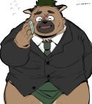  2020 anthro bodily_fluids brown_body brown_fur canid canine canis clothing domestic_dog eyes_closed fur humanoid_hands kemono male mammal necktie overweight overweight_male scar shirt simple_background solo sweat tokyo_afterschool_summoners topwear uokkom video_games white_background yasuyori 