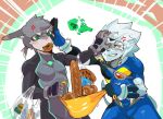  abstract_background angry anthro athletic athletic_male bag baguette belt blue_eyes bodysuit bread clothed clothing cross-popping_vein doughnut duo ears_back face_grab felid fight food fully_clothed fur gloves green_eyes grey_body grey_fur grin gun hair handwear head_tuft holding_object inner_ear_fluff kemono lagomorph leporid lion looking_at_another magic male mammal mane mane_hair mawarisaka3 mawarisaka_(character) mouth_hold multicolored_body multicolored_fur object_in_mouth pantherine pivoted_ears plastic_bag ponytail pushing rabbit ranged_weapon short_ponytail shove skinsuit smile standing teddy_bear tight_clothing tuft two_tone_body two_tone_fur vein visor weapon white_body white_fur white_hair 
