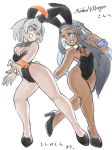  2girls :d alternate_costume animal_ears aqua_hair asimatosinosin bangs bare_arms bare_legs bare_shoulders black_footwear black_hair black_leotard blue_eyes blue_eyeshadow bunny_ears bunny_girl commentary_request dark_skin detached_collar eyebrows_visible_through_hair eyeshadow fake_animal_ears full_body grey_hair gym_leader hair_between_eyes high_heels highleg highleg_leotard highres legs leotard long_hair looking_at_another makeup multicolored_hair multiple_girls open_mouth pokemon pokemon_(game) pokemon_swsh rurina_(pokemon) saitou_(pokemon) shoes short_hair simple_background sketch smile two-tone_hair very_long_hair white_background wrist_cuffs 