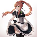  1girl alternate_costume artist_name black_legwear black_ribbon bow bow_legwear bowtie breasts brown_hair character_name cleavage cleavage_cutout commentary cowboy_shot doki_doki_literature_club english_commentary enmaided eyebrows_visible_through_hair frills gloves gradient gradient_background green_eyes green_neckwear hair_ribbon highres long_hair looking_at_viewer maid medium_breasts monika_(doki_doki_literature_club) ponytail puffy_short_sleeves puffy_sleeves ribbon sasoura short_sleeves sidelocks simple_background skirt_hold smile solo thighhighs very_long_hair white_background white_gloves 