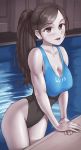  1girl awan0918 black_hair blush breasts cleavage grey_eyes highres large_breasts long_hair looking_at_viewer open_mouth ponytail smile solo swimsuit white_skin wii_fit wii_fit_trainer 