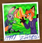  2020 anthro bottomwear canid canine clothed clothing dipstick_ears disney duo english_text fox fully_clothed fur gesture green_eyes grey_body grey_fur inner_ear_fluff judy_hopps lagomorph leporid mammal multicolored_ears nick_wilde orange_body orange_fur purple_eyes rabbit red_fox skirt smile text theblueberrycarrots tuft waving zootopia 