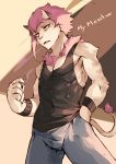  abstract_background anthro athletic athletic_male bottomwear chest_tuft cigarette clothed clothing ear_piercing english_text felid fully_clothed fur hair half-closed_eyes hi_res jeans kemono lion male mammal mawarisaka3 narrowed_eyes neck_tuft pantherine pants piercing pink_eyes pink_hair portrait shoulder_tuft smoking solo standing sweatband tail_tuft tan_body tan_fur text three-quarter_portrait tight_clothing tuft 
