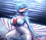  2020 bed big_breasts breasts clothed clothing demalyxdragon female furniture gardevoir genitals humanoid looking_at_viewer mammal nintendo not_furry on_bed open_mouth orange_eyes pok&eacute;mon pok&eacute;mon_(species) pussy shiny_pok&eacute;mon sitting solo thick_thighs video_games wide_hips 
