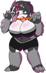  abs anthro big_breasts bottomwear bow breasts clothing collar female fur looking_at_viewer mammal monterrioashmore nintendo obstagoon pok&eacute;mon pok&eacute;mon_(species) razzibelle_the_obstagoon shorts teeth tongue tongue_out video_games 