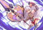  1girl :d ahoge armpits aura axe bare_shoulders big_hair breasts draph dunceneygak elbow_gloves gloves granblue_fantasy grey_gloves grey_hair hair_between_eyes highres holding holding_weapon horns large_breasts leaning_forward long_hair looking_at_viewer metal_boots open_mouth red_eyes red_skirt skindentation skirt smile solo thalatha_(granblue_fantasy) thighhighs thighhighs_under_boots very_long_hair weapon wristband 