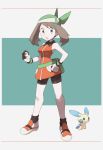  1girl bandana bike_shorts blue_eyes breasts brown_hair gloves graphite_(medium) haruka_(pokemon) highres holding long_hair looking_at_viewer minun nomura_(buroriidesu) open_mouth poke_ball pokemon pokemon_(creature) pokemon_(game) pokemon_rse shorts sleeveless solo traditional_media 