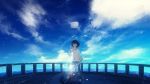  1girl adjusting_hair bangs bird black_hair blue_sky closed_eyes cloud electric_guitar guitar highres holding holding_instrument instrument kaisei_(vocaloid) ocean shirt sky smile solo sun_glare vocaloid white_shirt 