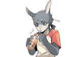  anthro beverage blue_eyes bubble_tea cheek_tuft clothed clothing dipstick_ears drinking facial_tuft fully_clothed fur grey_body grey_fur hair half-length_portrait holding_cup holding_object inner_ear_fluff kemono lagomorph leporid male mammal mawarisaka3 mawarisaka_(character) multicolored_ears onomatopoeia ponytail portrait rabbit shirt short_ponytail simple_background solo sound_effects standing t-shirt text topwear tuft white_background white_body white_fur 