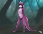  2014 anthro blue_eyes detailed_background ear_piercing eyewear featureless_crotch forest glasses hair lutrine mammal mustelid navel nude outside piercing purple_body purple_hair rudragon smile solo standing tree 