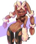  anthro anthrofied biped black_sclera breasts brown_body brown_fur clothed clothing female fur genitals lagomorph lofy-manlon long_ears lopunny mammal nintendo nipples partially_clothed pok&eacute;mon pok&eacute;mon_(species) pose pussy red_eyes simple_background smile smirk solo standing video_games 
