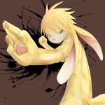  2011 abstract_background anthro blonde_hair fur hair lagomorph leporid looking_at_viewer mammal nude pose purple_eyes rabbit rudragon solo yellow_body yellow_fur 