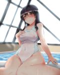  black_hair breasts competition_swimsuit covered_nipples embarrassed hair_ornament highleg highres indoors kantai_collection long_hair looking_at_viewer nipples one-piece_swimsuit oyashio_(kantai_collection) poolside rei_no_pool sekino_takehiro swimsuit white_swimsuit yellow_eyes 