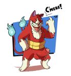  2_tails anthro balls bodily_fluids english_text erection fur genital_fluids genitals jibanyan jibanyan_(shadowside) male multi_tail penis precum raburigaron red_body red_fur simple_background solo text video_games white_background yo-kai_watch yo-kai_watch_shadowside 