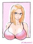  1girl bangs_pinned_back blue_eyes borrowed_character bra breasts cleavage commentary commentary_request english_commentary forehead glasses hair_pulled_back highres huge_breasts inne_sulistya_robin j2_(x_saiun) looking_at_viewer mixed-language_commentary original outside_border parted_lips pink_bra portrait rimless_eyewear solo underwear 