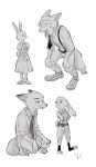  2019 anthro beastars bottomwear canid canine canis cheek_tuft clothed clothing disney dress eye_contact facial_tuft fox fully_clothed fur group haru_(beastars) judy_hopps kabe2mugi lagomorph legoshi_(beastars) leporid looking_at_another mammal necktie nick_wilde pants rabbit red_fox shirt simple_background standing topwear tuft white_background wolf zootopia 