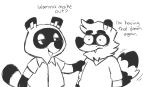  2020 animal_crossing anthro canid canine clothing colelucario cute_fangs duo english_text mammal nintendo raccoon_dog shirt simple_background slightly_chubby tanuki text tom_nook_(animal_crossing) topwear trav_ceejay video_games white_background 