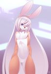  2019 anthro blue_eyes brown_nose featureless_crotch fur hair lagomorph leporid mammal navel nude rabbit rudragon solo white_body white_fur white_hair yellow_body yellow_fur 