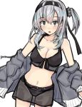  1girl absurdres bikini bikini_skirt black_bikini black_headband breasts cleavage collarbone commentary_request cowboy_shot dokuganryuu grey_eyes grey_jacket hair_ornament headband highres jacket kantai_collection long_hair looking_at_viewer medium_breasts one_side_up open_clothes open_jacket see-through silver_hair simple_background solo suzutsuki_(kantai_collection) swimsuit white_background 