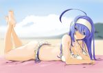  1girl ahoge ass bangs barefoot beach beach_towel bikini blue_eyes blue_hair breasts chaesu cleavage crossed_ankles day feet feet_up frilled_bikini frills full_body hair_intakes hair_over_eyes hairband huge_ahoge large_breasts legs_up long_hair lying on_stomach orie_(under_night_in-birth) outdoors soles solo swimsuit the_pose toes towel under_night_in-birth white_bikini white_hairband 
