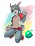  anthro bottomwear clothed clothing crouching dipstick_ears duo fanny_pack feral fully_clothed fur gesture grey_body grey_fur grey_hair hair holding_character jeans kemono lagomorph larger_anthro larger_male leporid looking_at_viewer male mammal marine mawarisaka3 mawarisaka_(character) multicolored_body multicolored_ears multicolored_fur pants pinniped ponytail rabbit seal shirt short_ponytail size_difference smaller_feral smile solo_focus t-shirt teal_eyes topwear two_tone_body two_tone_fur waving 